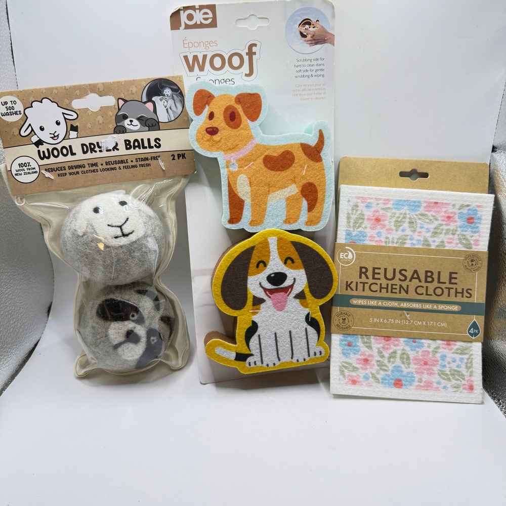 Joie Woof Dog Sponges Wool Dryer Balls Floral Cloths Kawaii Home Bundle